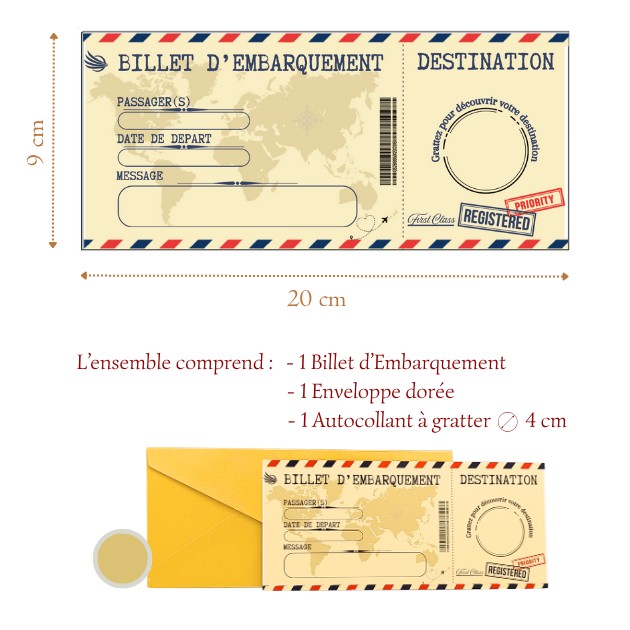 Carte à gratter personnalisable Billet Embarquement, billet de voyage stylisé avec message surprise à révéler sous sticker. - Treizkot
