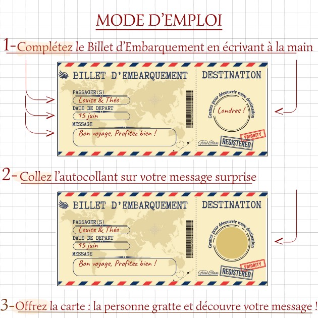 Carte à gratter personnalisable Billet Embarquement, billet de voyage stylisé avec message surprise à révéler sous sticker. Mode d 'emploi- Treizkot