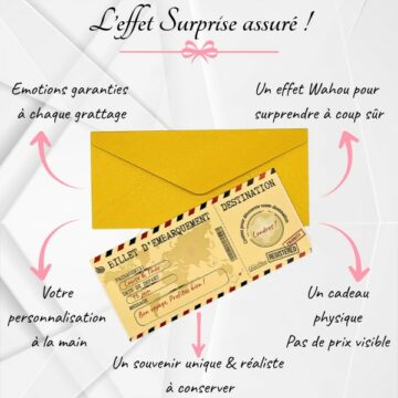 Carte à gratter personnalisable Billet Embarquement, billet de voyage stylisé avec message surprise à révéler sous sticker. Effet surprise - Treizkot
