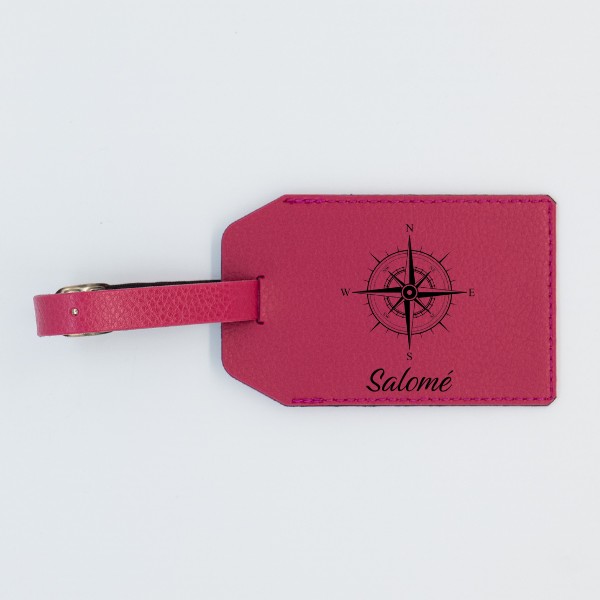 Etiquette Bagage Personnalisée en cuir végan, fabriquée en France, couleur rose fuchsia - TREIZKOT