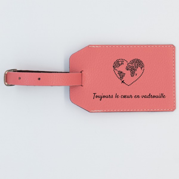 Etiquette Bagage Personnalisée en cuir végan, fabriquée en France, couleur rose - TREIZKOT