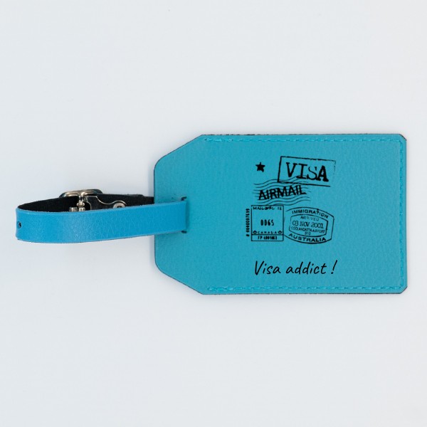 Etiquette Bagage Personnalisée en cuir végan, fabriquée en France, couleur bleu turquoise - TREIZKOT