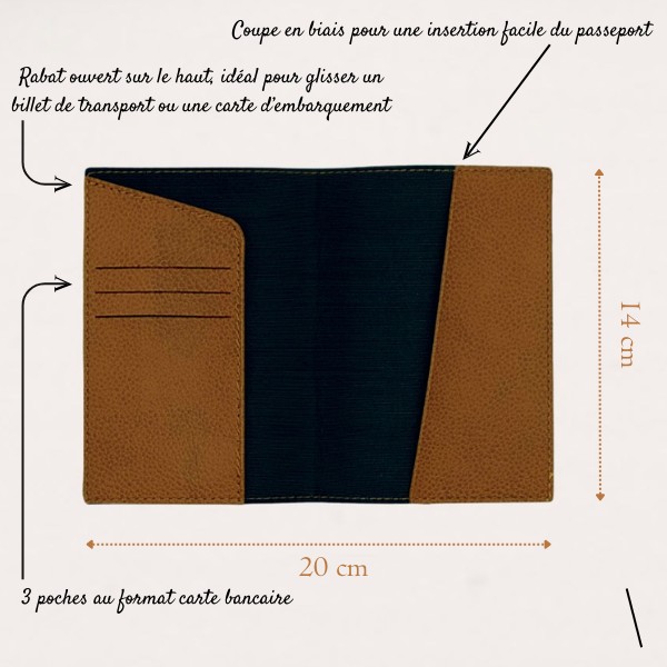 Protège Passeport Personnalisé ouvert avec description des avantages, cuir vegan et personnalisé - TREIZKOT
