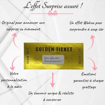 Carte à gratter Golden Ticket personnalisable, billet d’or à gratter pour annonce surprise, cadeau original et élégant. - Treizkot