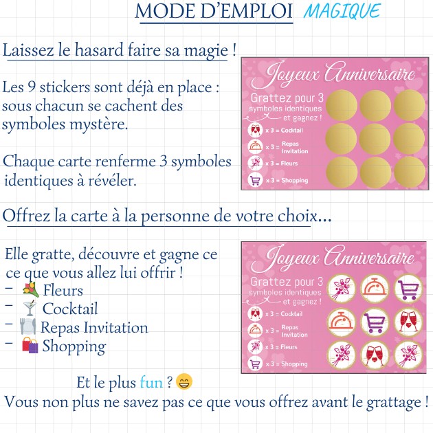 Carte à gratter Surprise personnalisable, laissez le hasard décider de votre cadeau mystère, expérience ludique et originale. Mode d'emploi - Treizkot