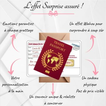 Carte à gratter personnalisable forme passeport, couverture dorée, cadeau idéal pour annonce surprise de voyage ou événement