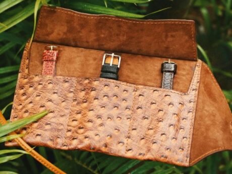 Élégants accessoires de voyage en cuir végétal fait main posés dans la nature