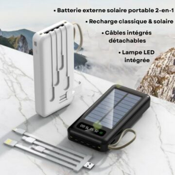 Batterie externe solaire portable 2-en-1 – Powerbank 20000 mAh - Recharge classique & solaire – Câbles intégrés détachables – Recharge 4 appareils
