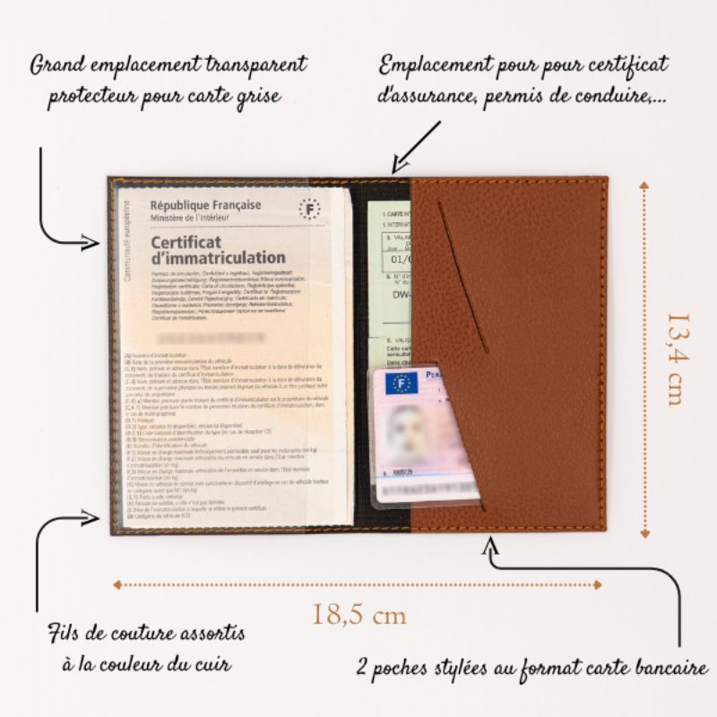 Pochette carte grise personnalisée en cuir vegan, design élégant et compartiments pratiques pour documents d’immatriculation