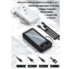 Pack complet batterie externe solaire portable 20000mAh Treizkot avec double méthode de charge classique ou solaire et 4 câbles détachables intégrés.
