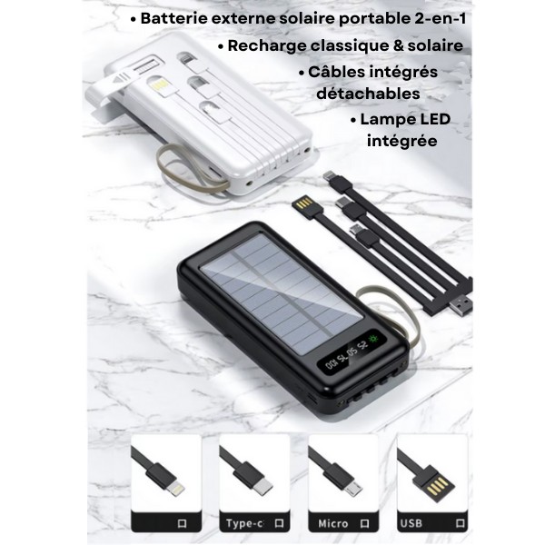 Pack complet batterie externe solaire portable 20000mAh Treizkot avec double méthode de charge classique ou solaire et 4 câbles détachables intégrés.